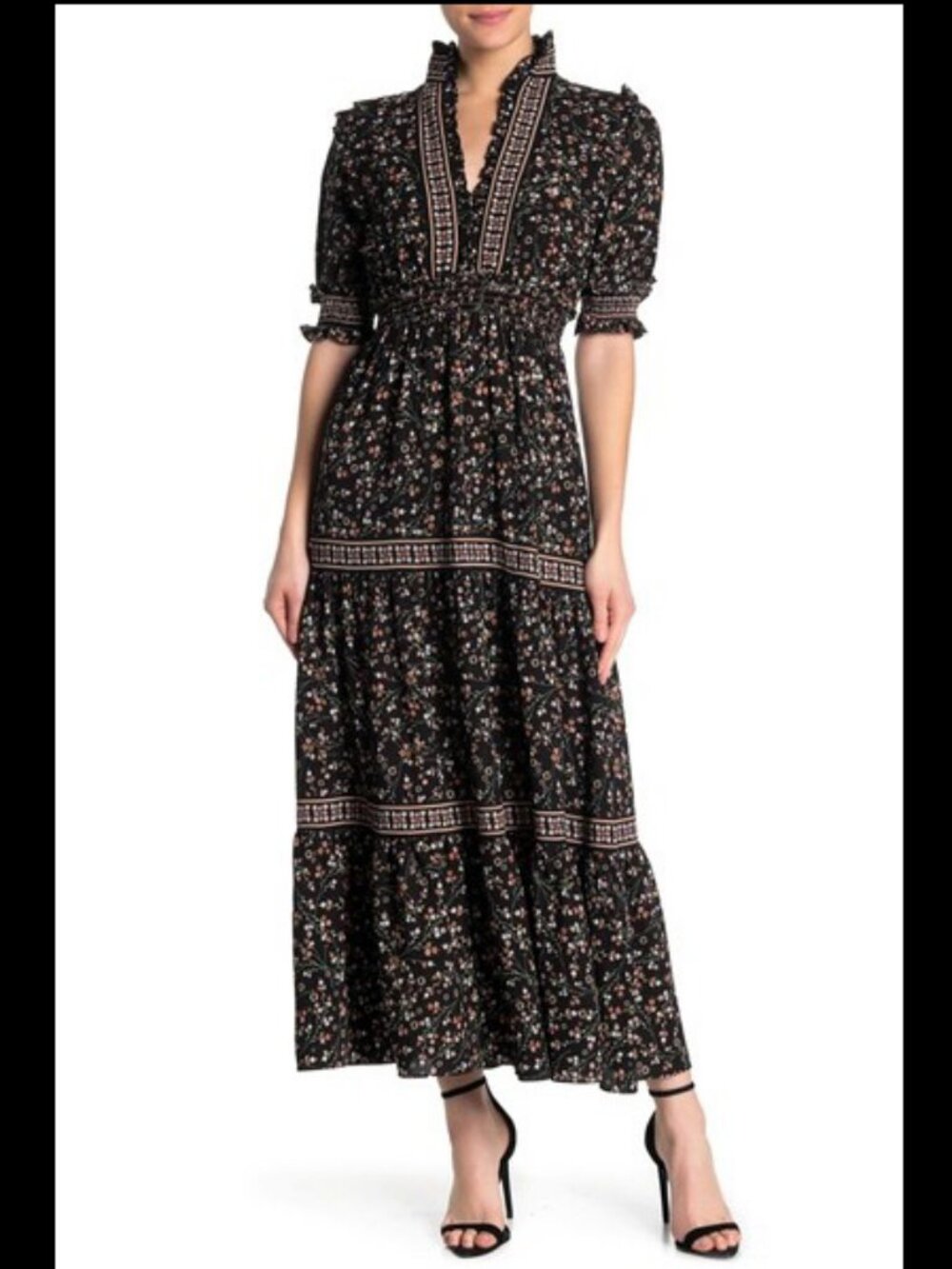 High Collar Black floral Maxi Dress Max Studio dark Cottagecore